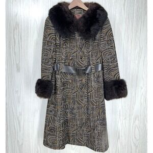 Vintage Midbrooke Womens Coat Small/Medium Brown Geometric Wool Fur Trim Belted
